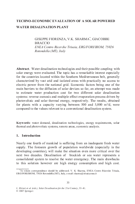 (PDF) Techno-Economic Evaluation of a Solar Powered Water Desalination ...