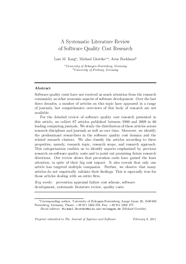 (PDF) A systematic literature review of software quality cost research