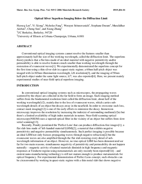 (PDF) Optical Silver Superlens Imaging Below the Diffraction Limit