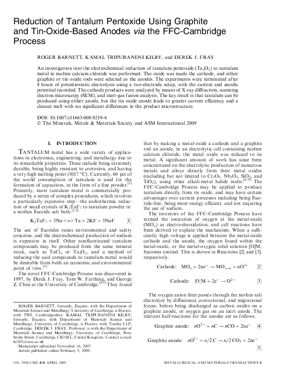 (PDF) Reduction of Tantalum Pentoxide Using Graphite and Tin-Oxide ...