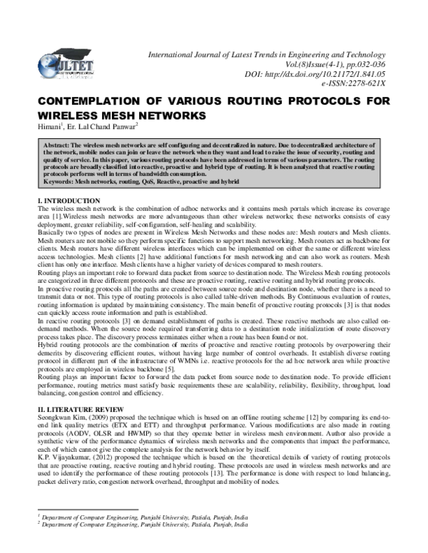 (PDF) Contemplation of various routing protocols for wireless mesh networks