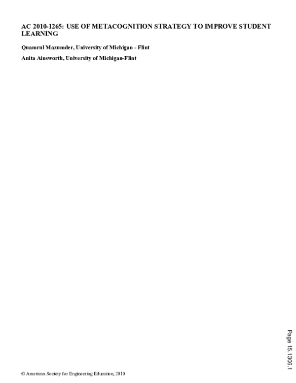 (PDF) Use Of Metacognition Strategy To Improve Student Learning