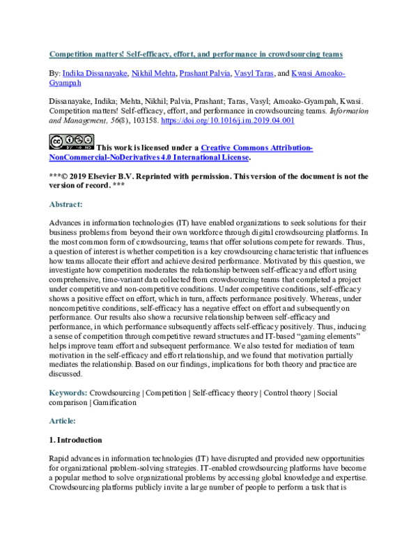 (PDF) Competition matters! Self-efficacy, effort, and performance in ...