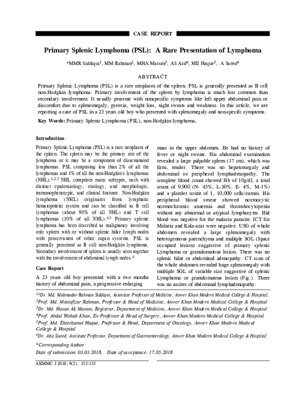 (PDF) Primary Splenic Lymphoma (PSL): A Rare Presentation of Lymphoma