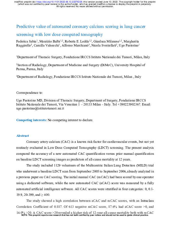 (PDF) Predictive value of automated coronary calcium scoring in lung ...