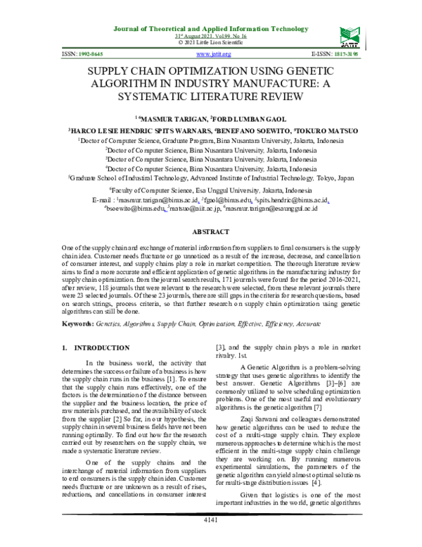 Pdf Supply Chain Optimization Using Genetic Algorithm In Industry
