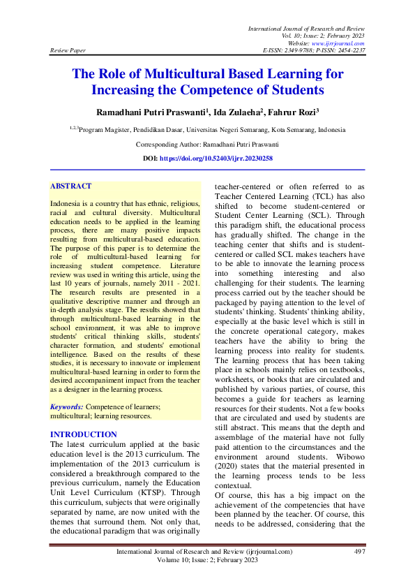 (PDF) The Role of Multicultural Based Learning for Increasing the ...