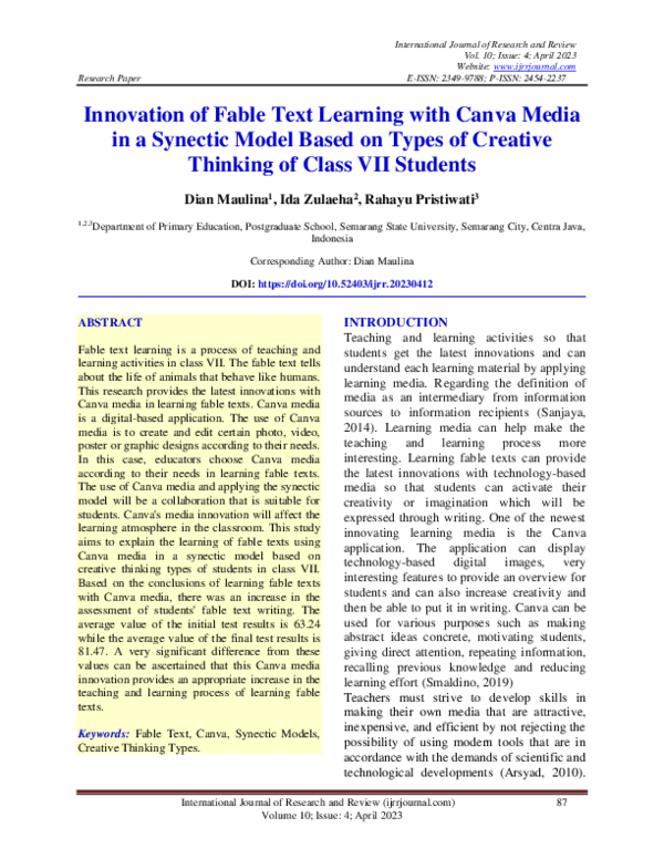 (PDF) Innovation of Fable Text Learning with Canva Media in a Synectic ...