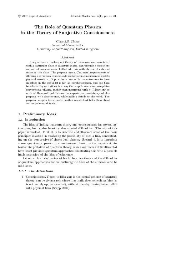 (PDF) The role of quantum physics in the theory of subjective consciousness