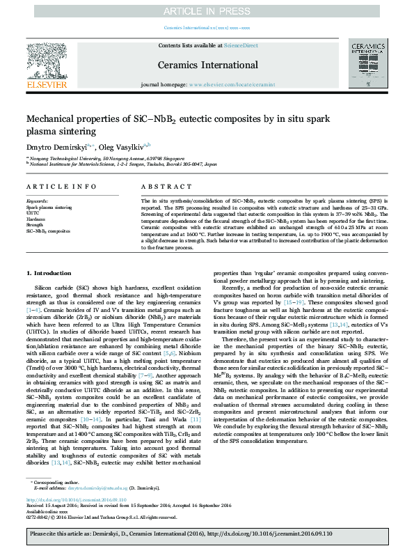 (PDF) Mechanical properties of SiC–NbB2 eutectic composites by in situ ...