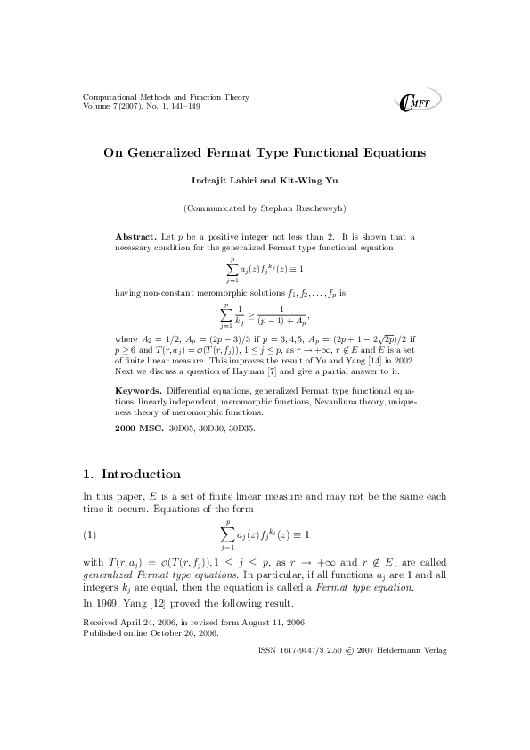 (PDF) On Generalized Fermat Type Functional Equations