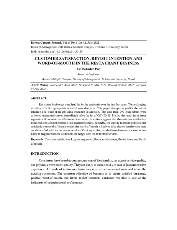 (PDF) Customer Satisfaction, Revisit Intention and Word of Mouth in the ...