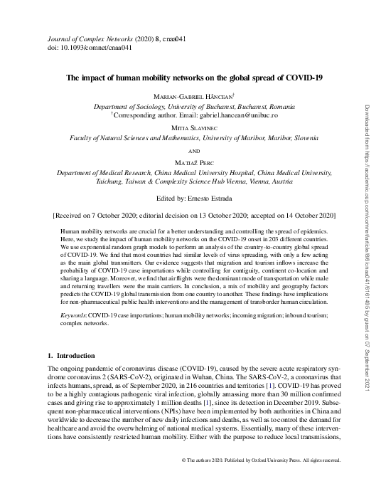 (PDF) The impact of human mobility networks on the global spread of ...