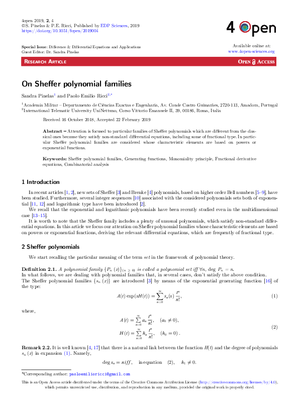 (PDF) On Sheffer polynomial families