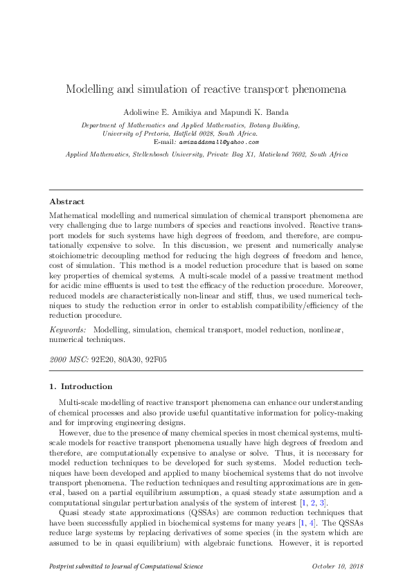 (PDF) Modelling and simulation of reactive transport phenomena
