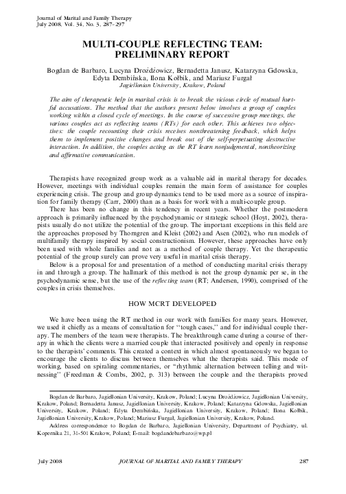 (PDF) Multi‐Couple Reflecting Team: Preliminary Report