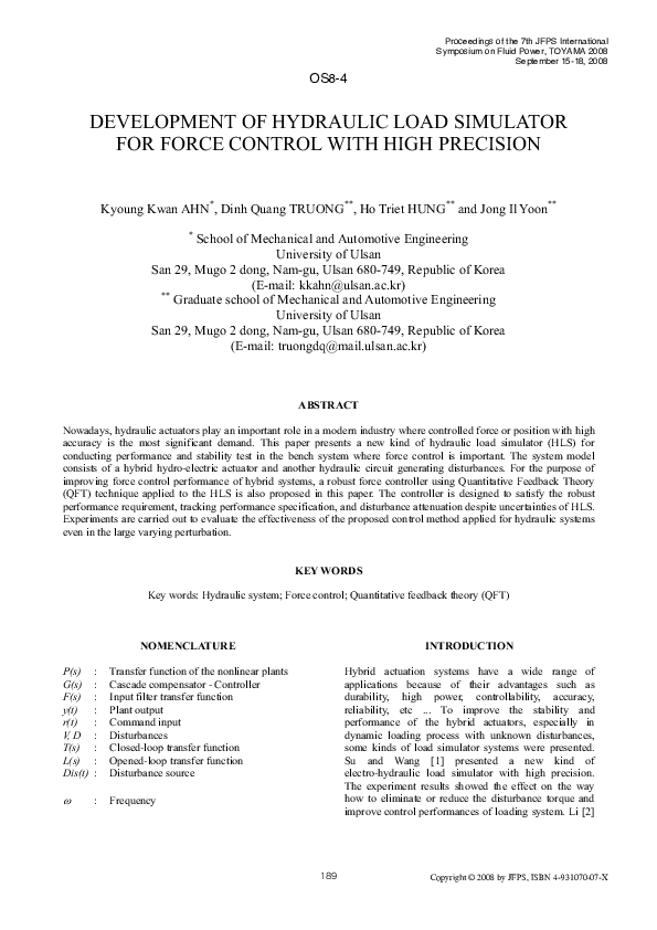 (PDF) Development of Hydraulic Load Simulator for Force Control with ...