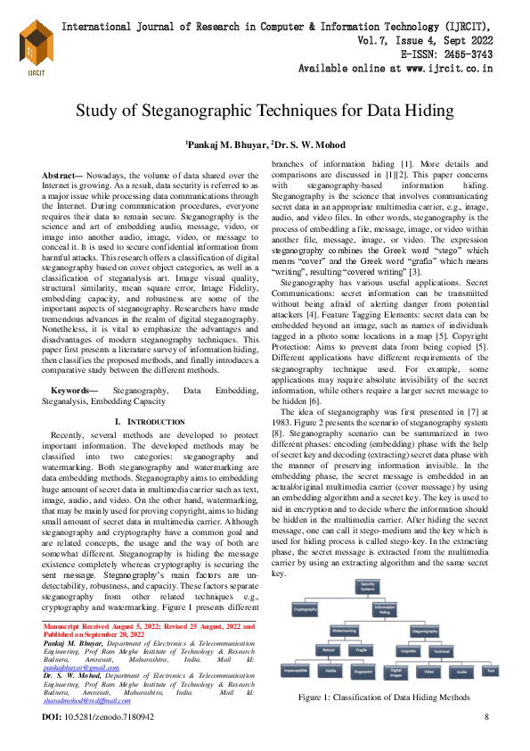 (PDF) Study of Steganographic Techniques for Data Hiding