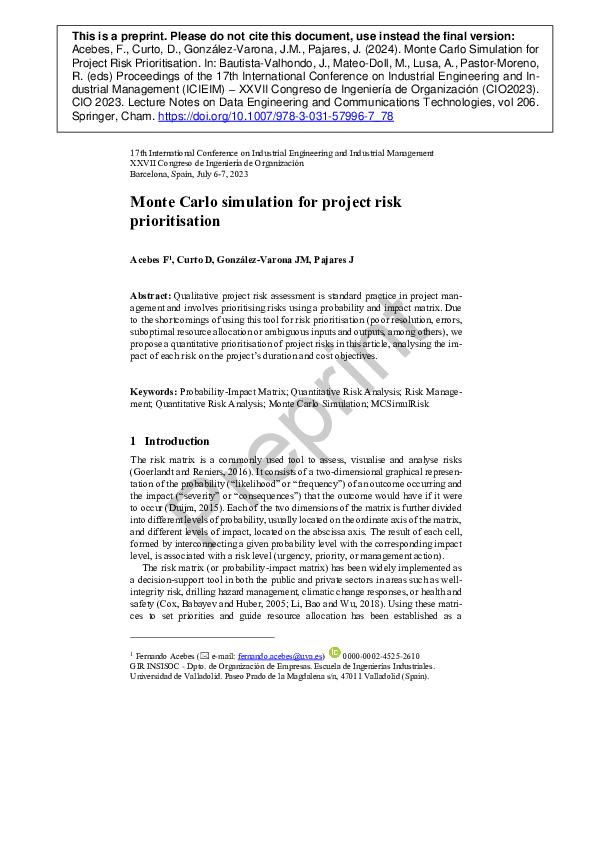 (PDF) Monte Carlo simulation for project risk prioritisation