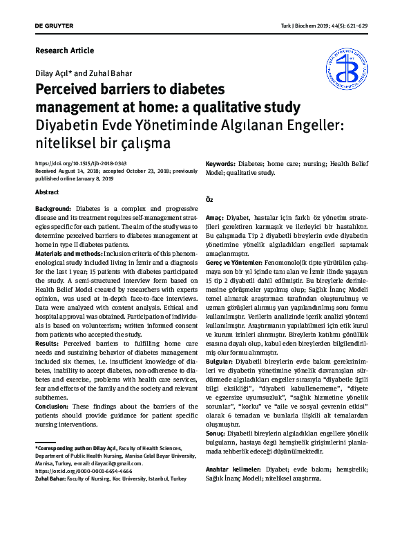 (PDF) Perceived barriers to diabetes management at home: a qualitative ...