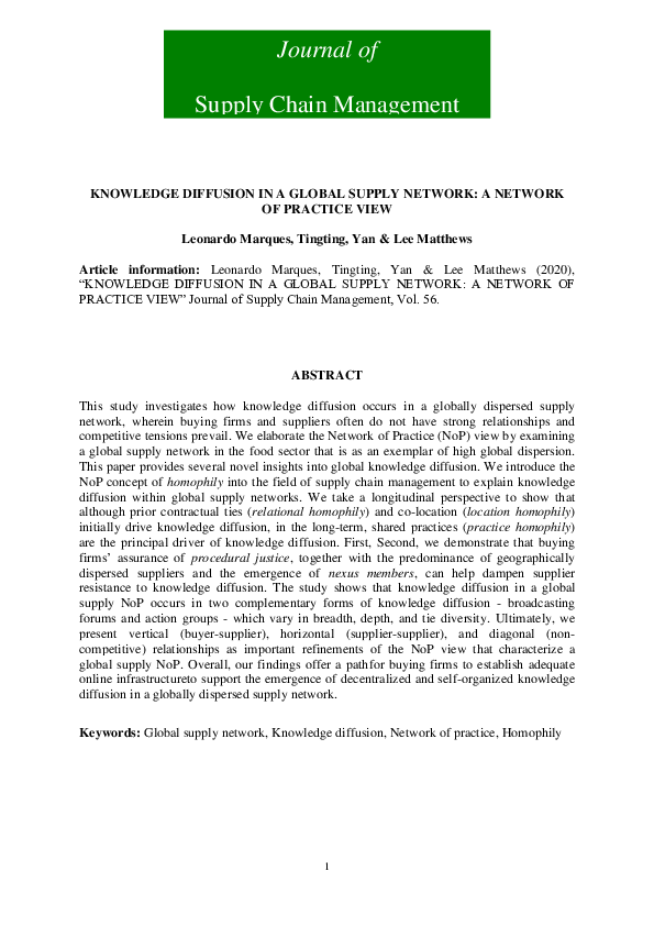 (PDF) Knowledge Diffusion in a Global Supply Network: A Network of ...