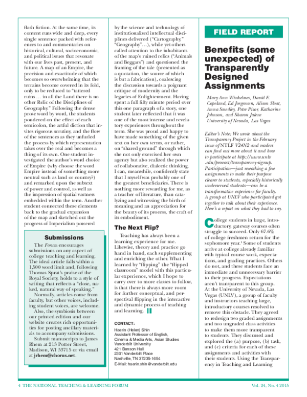 (PDF) Benefits (some unexpected) of Transparently Designed Assignments