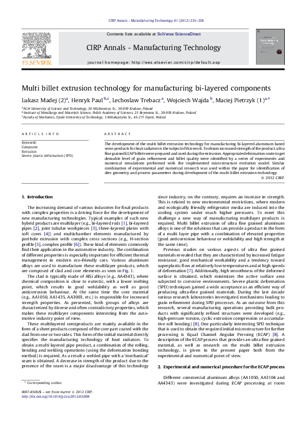 (PDF) Multi billet extrusion technology for manufacturing bi-layered ...