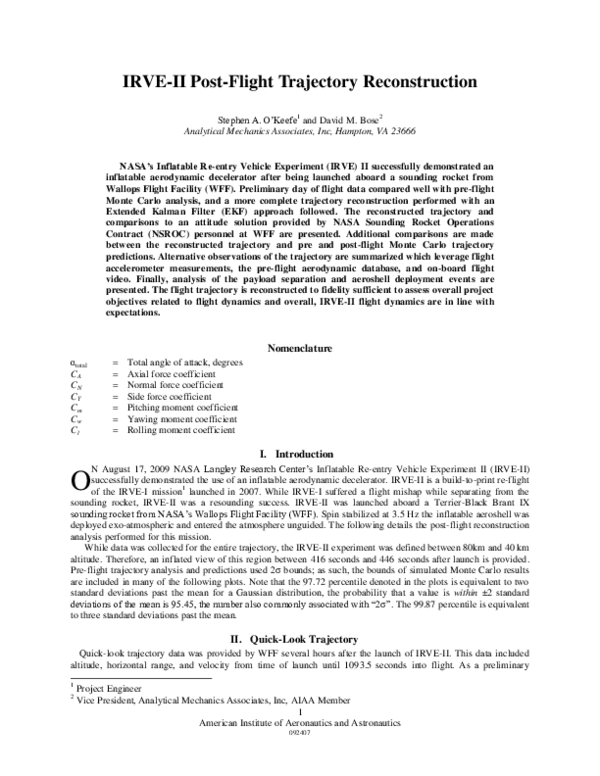 (PDF) IRVE-II Post-Flight Trajectory Reconstruction