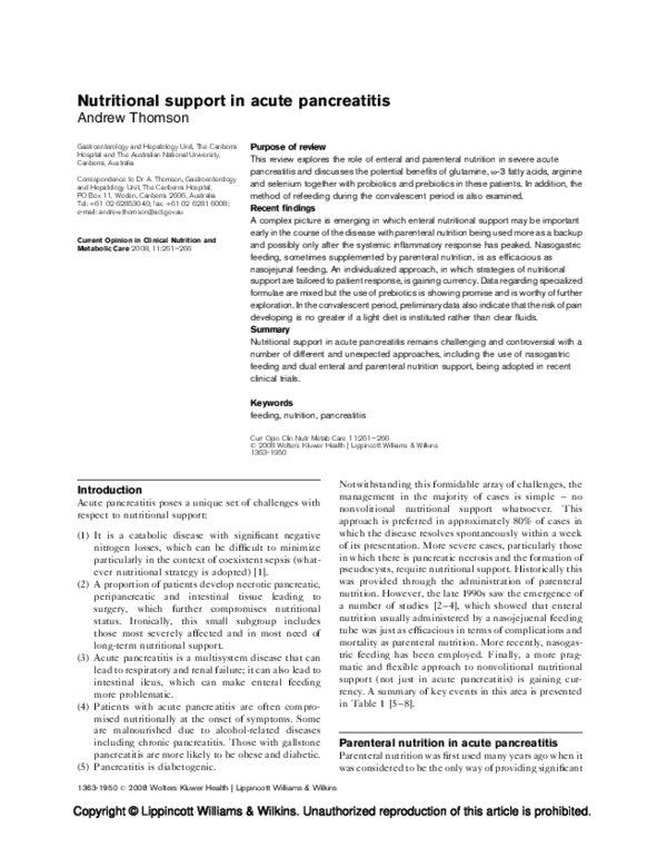 (PDF) Nutritional support in acute pancreatitis