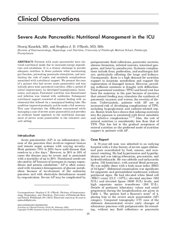(PDF) Severe Acute Pancreatitis: Nutritional Management in the ICU
