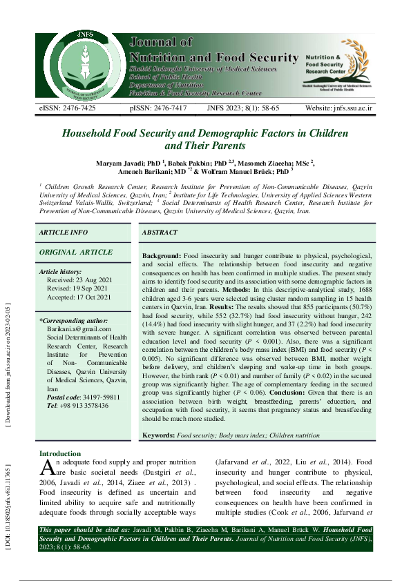 (PDF) Household Food Security and Demographic Factors in Children and ...