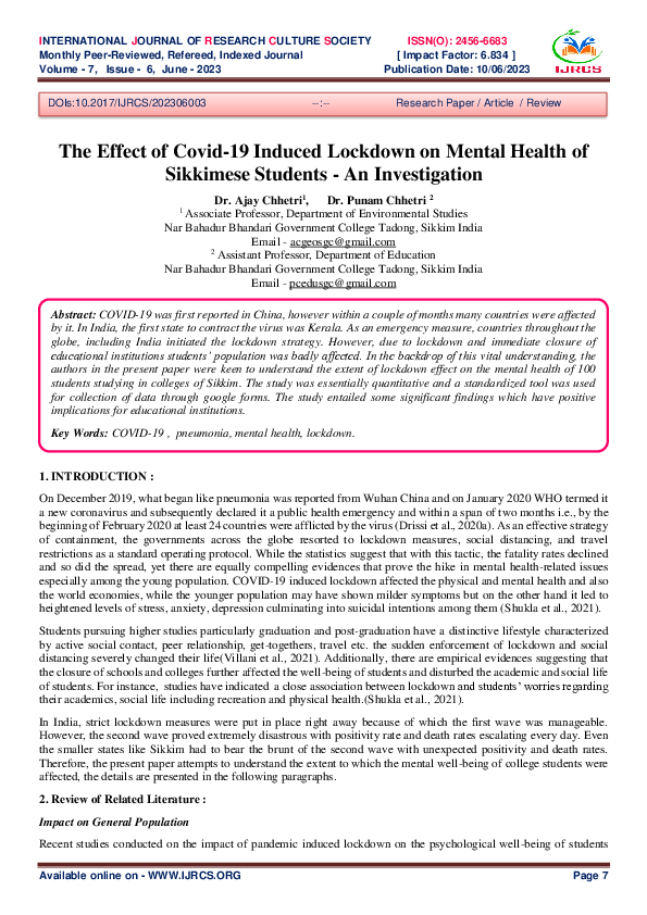 (PDF) The Effect of Covid-19 Induced Lockdown on Mental Health of ...