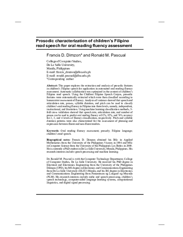 (PDF) Prosodic characterisation of children's Filipino read speech for ...