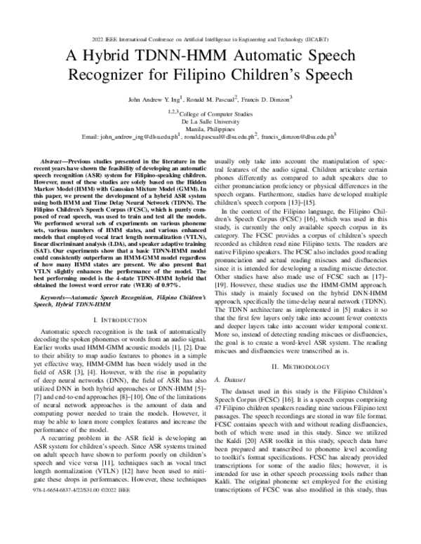 (PDF) A Hybrid TDNN-HMM Automatic Speech Recognizer for Filipino ...