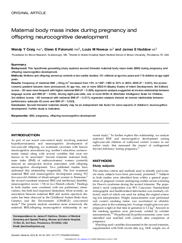 (PDF) Maternal Body Mass Index during Pregnancy and Offspring ...