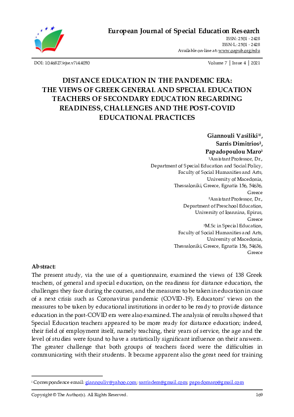 (PDF) Distance Education in the Pandemic Era: The Views of Greek ...