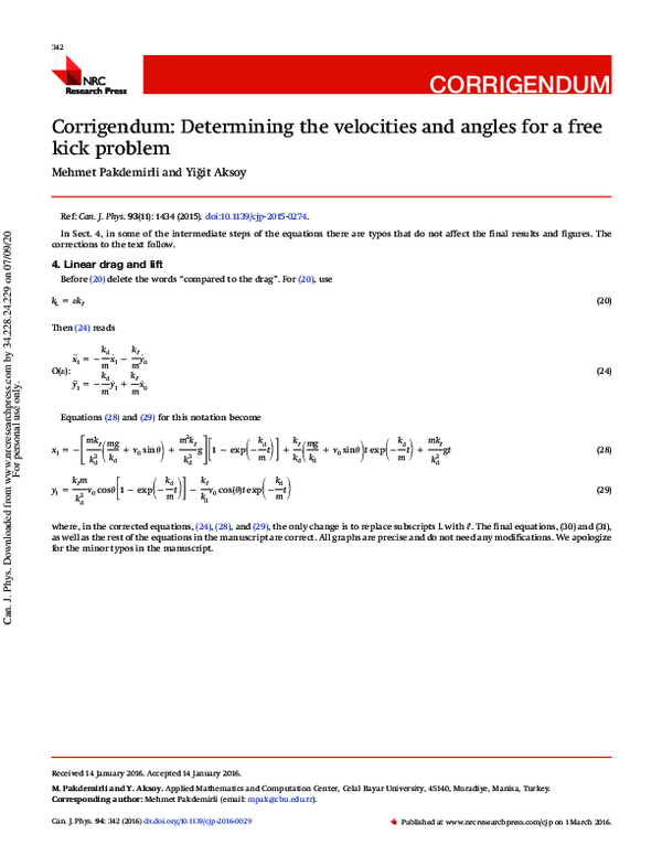 (PDF) Corrigendum: Determining the velocities and angles for a free ...