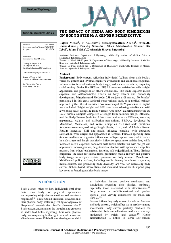 (PDF) THE IMPACT OF MEDIA AND BODY DIMENSIONS ON BODY ESTEEM: A GENDER ...