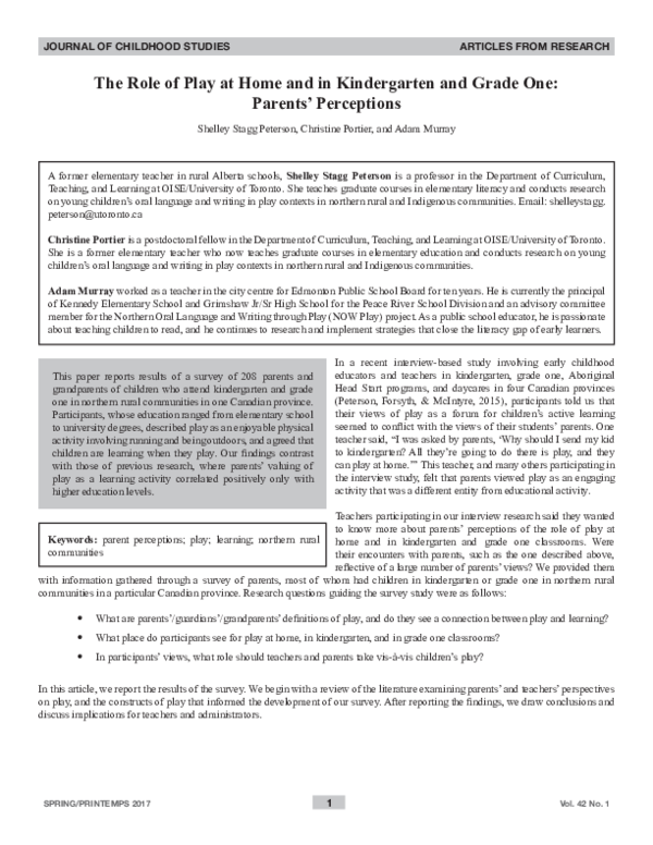 (PDF) The Role of Play at Home and in Kindergarten and Grade One ...