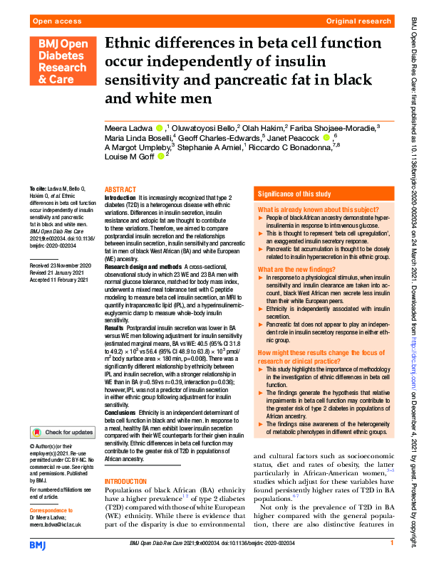 (PDF) Ethnic differences in beta cell function occur independently of ...