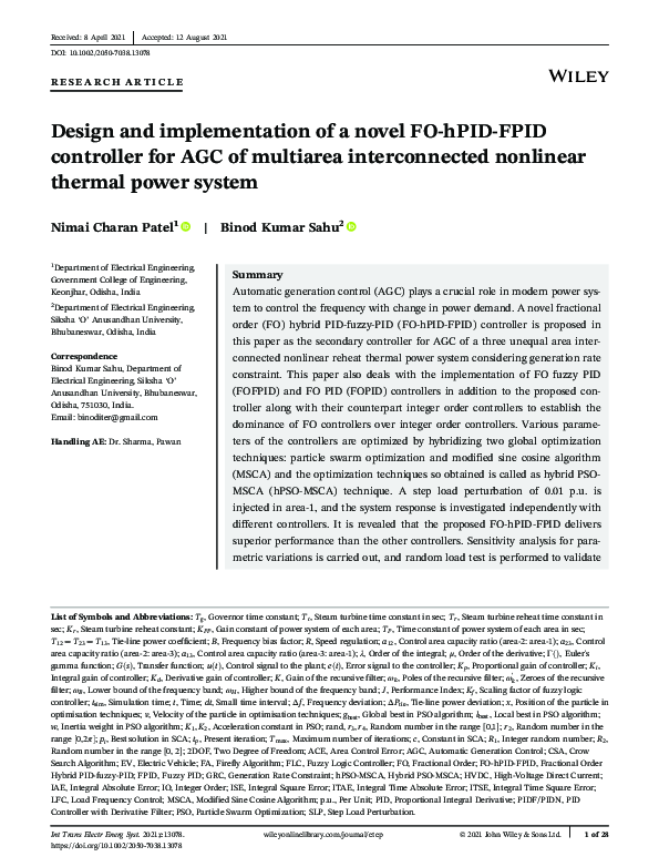 (PDF) Design and implementation of a novel FO‐hPID‐FPID controller for ...