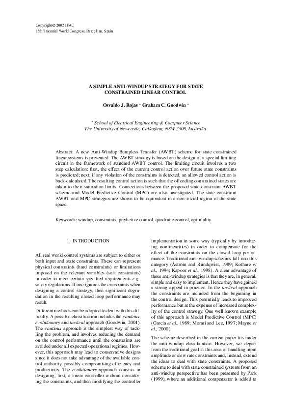 (PDF) A Simple Anti-Windup Strategy for State Constrained Linear Control