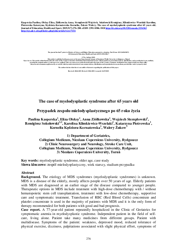 (PDF) The case of myelodysplastic syndrome after 65 years old