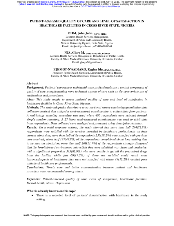 (PDF) Patient-Assessed Quality of Care and Level of Satisfaction in ...
