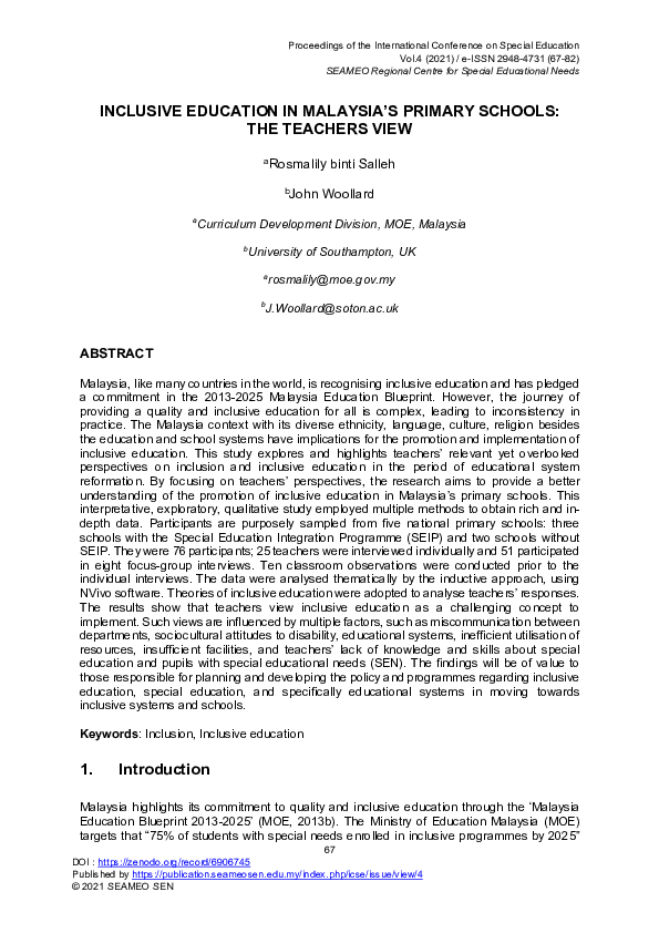 (PDF) Inclusive Education in Malaysia's Primary Schools: The Teachers View