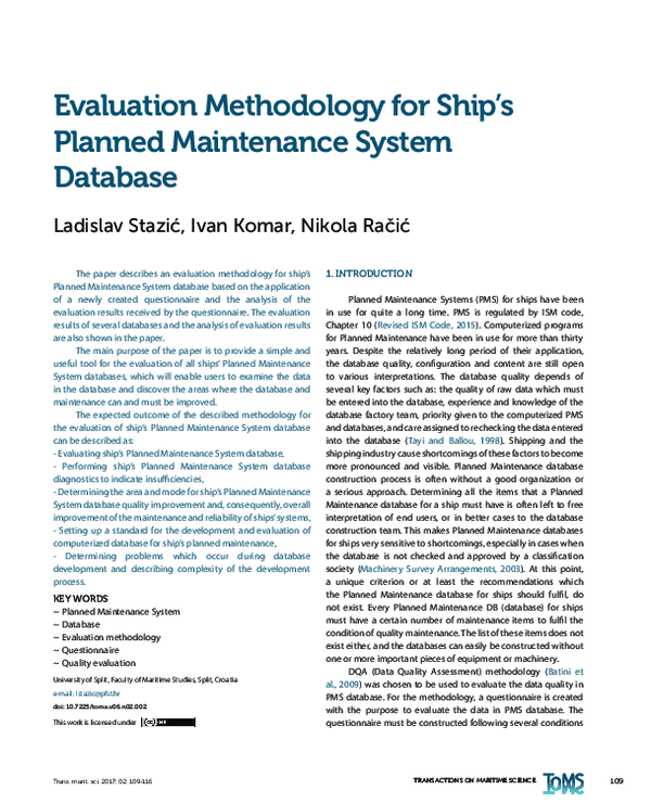 (PDF) Evaluation Methodology for Ship’s Planned Maintenance System Database