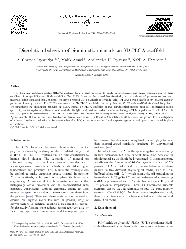 (PDF) Dissolution behavior of biomimetic minerals on 3D PLGA scaffold