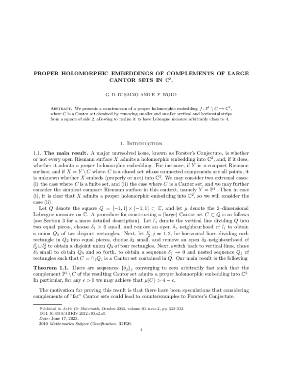(PDF) Proper holomorphic embeddings of complements of large Cantor sets ...