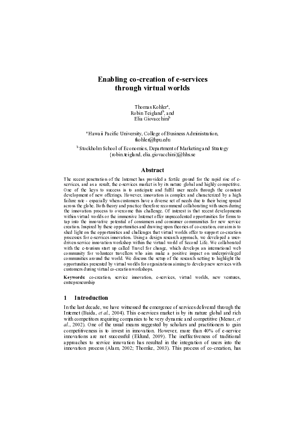 (PDF) Enabling co-creation of e-services through virtual worlds