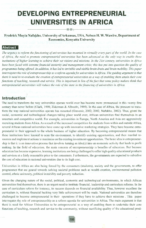 (PDF) Developing Entrepreneurial Universities in Africa